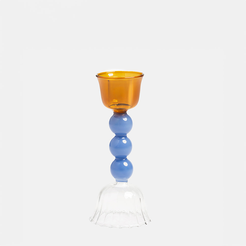 blue & mustard yellow glass candle holder, made by &K Amsterdam