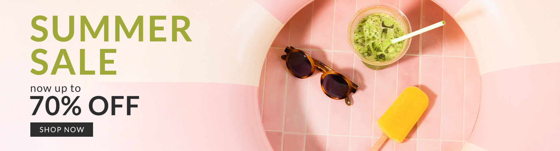 Summer sale promotional banner with text reading 'SUMMER SALE' and 'now up to 70% OFF' on a pink background, alongside a pink tray holding sunglasses, a small bowl of green dip with a spoon, and a yellow popsicle.