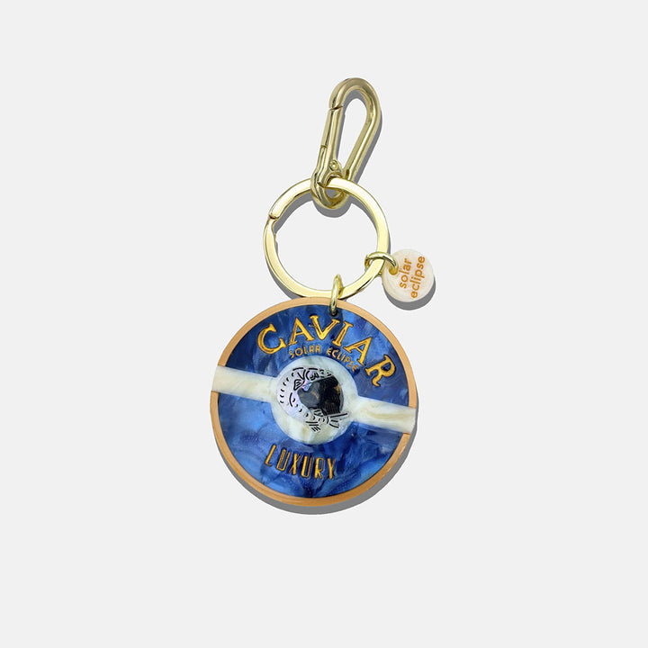 blue caviar bag charm or large keyring with gold o ring and clasp