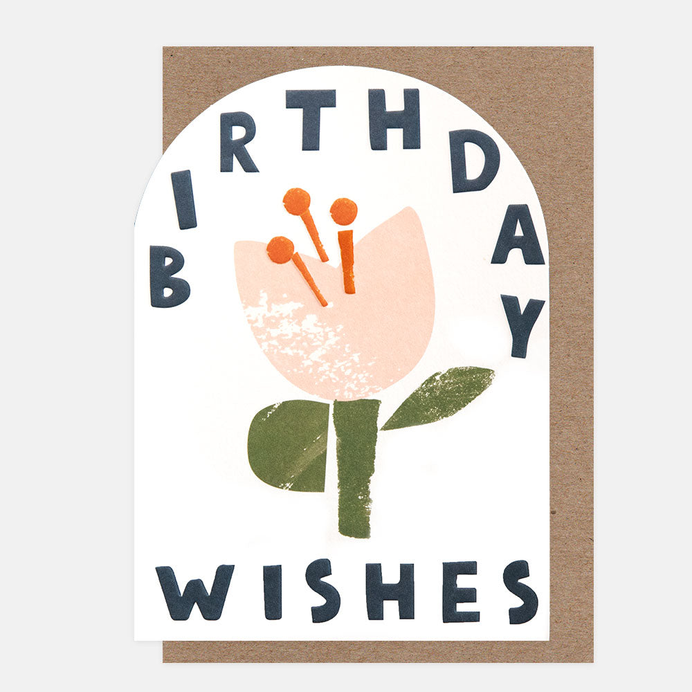 Birthday card with a pink tulip flower illustration and 'Birthday Wishes' text on a white background.