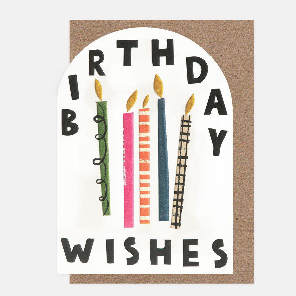 Birthday card with colorful candles and 'Birthday Wishes' text on a white background