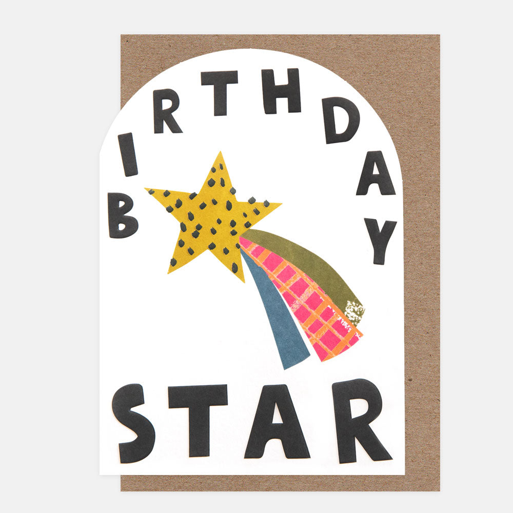 Birthday card with a colourful shooting star design and 'Birthday Star' text on a white background.