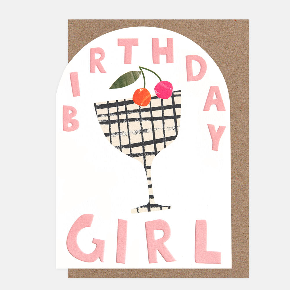 Birthday card with a cocktail glass and cherries, text 'Birthday Girl' on a white background.