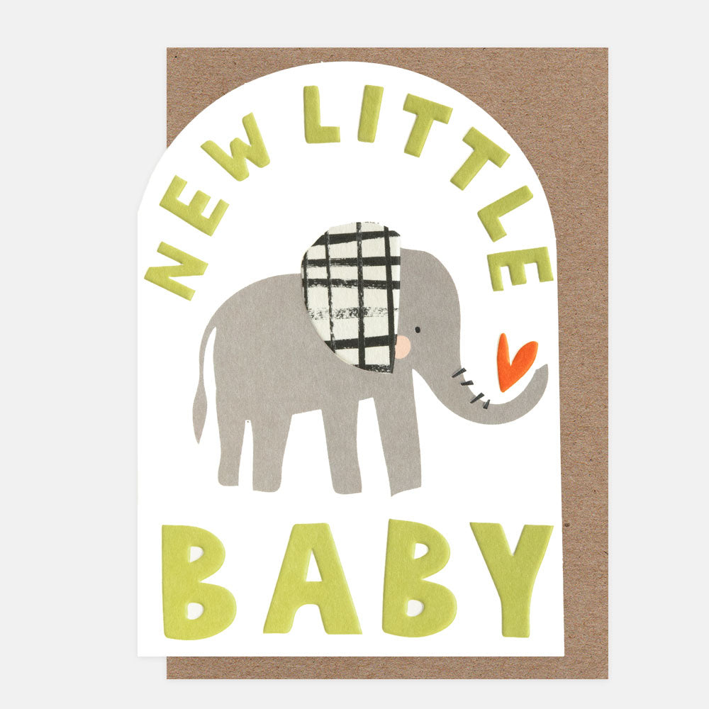 new baby card with a curved top, featuring a grey elephant with white and black checked ear and the wording 'new little baby'