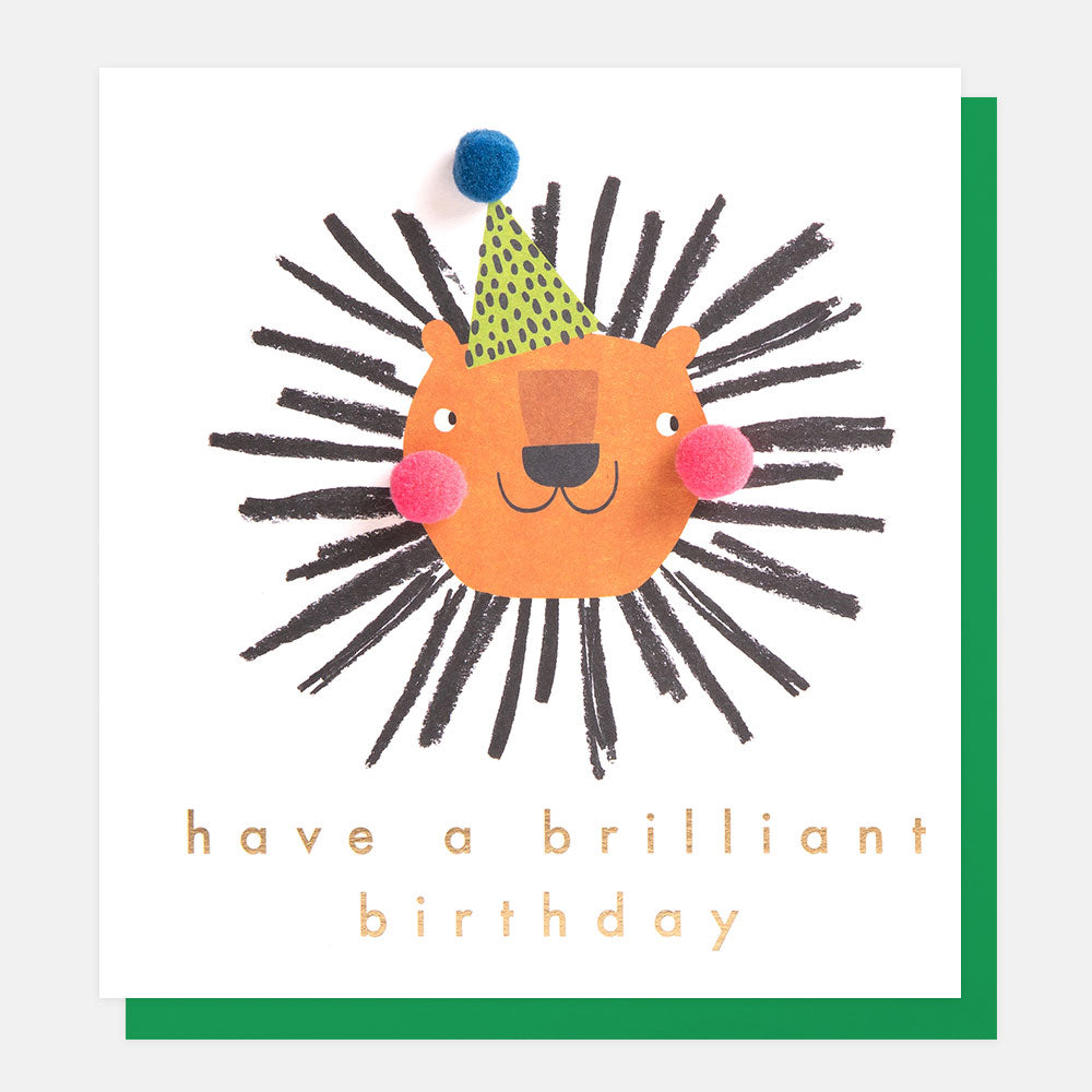 lion in a party hat 'have a brilliant birthday' card with mini pom poms