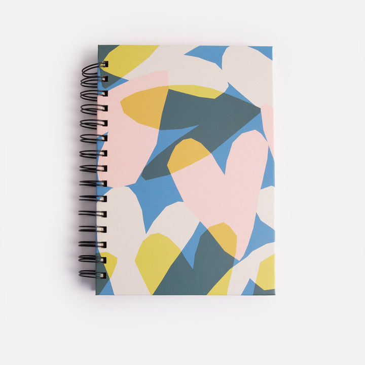 a5 spiral bound hardcover notebook with colourful confetti hearts design