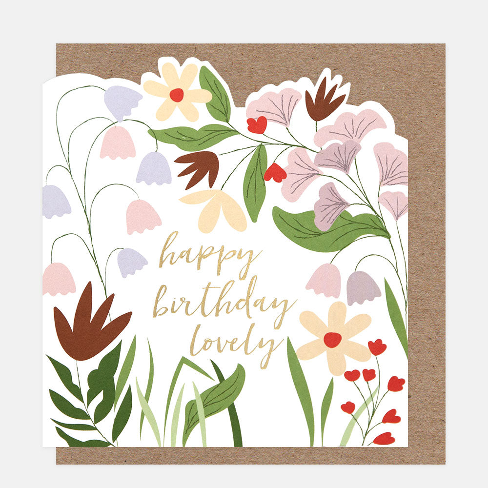 Floral birthday card with 'happy birthday lovely' text on a white background
