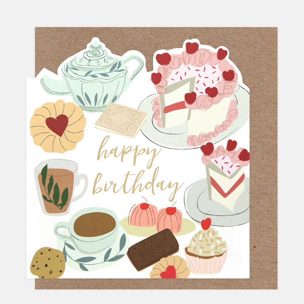 Illustrated birthday card with tea, cake, and cookies on a white background