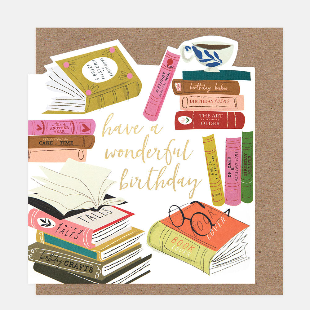 Birthday card with illustrated books and glasses on a white background