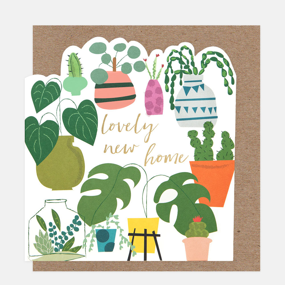 Card with illustrations of potted plants and the text 'lovely new home' on a brown envelope.