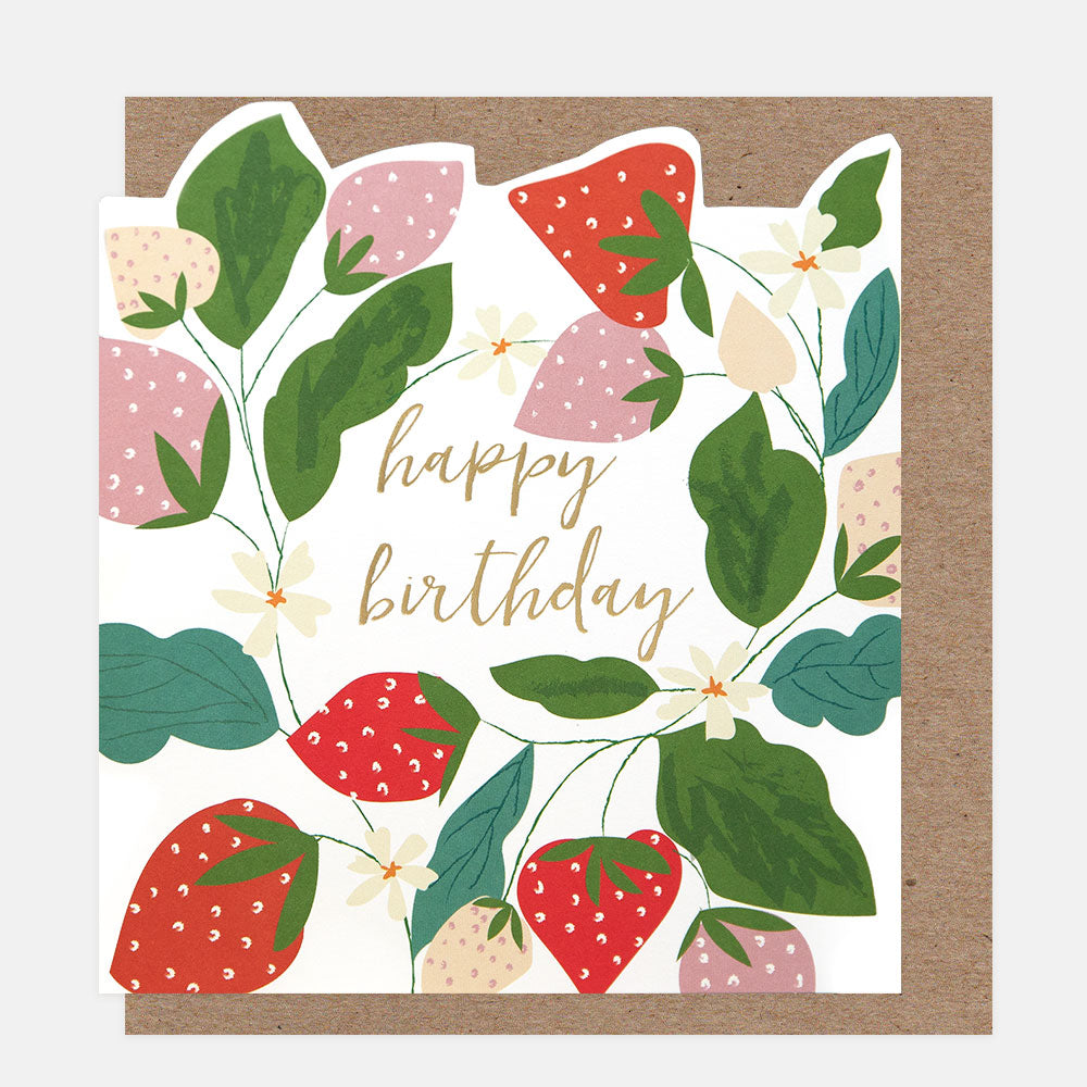 Birthday card with strawberries and leaves on a white background