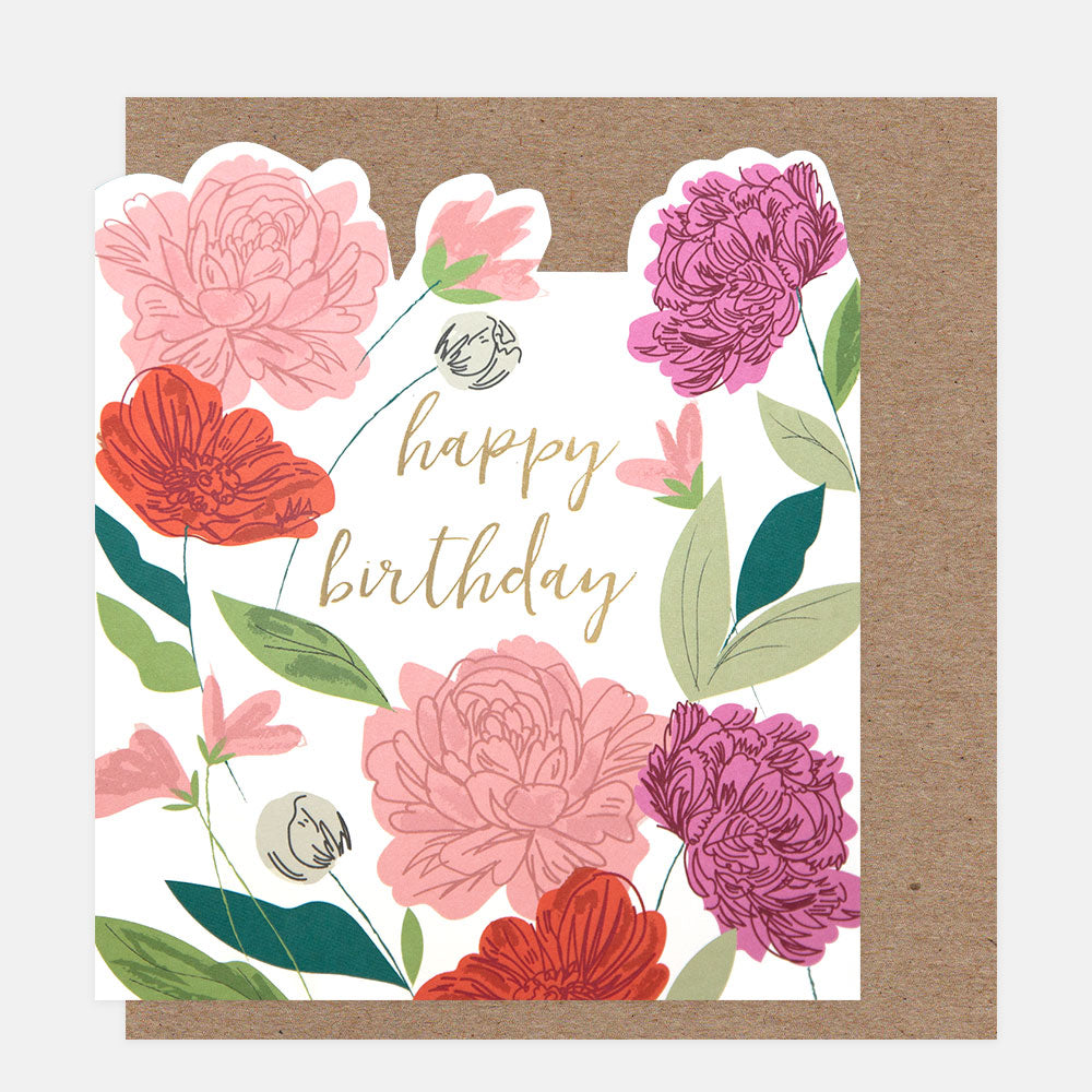 Floral birthday card with colorful flowers and 'happy birthday' text on a white background.