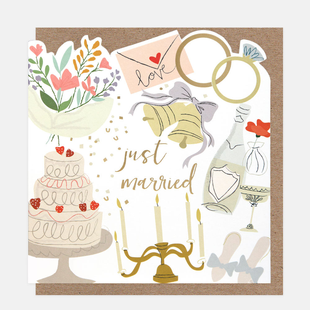 Wedding-themed card with cake, rings, flowers, and other celebratory elements on a brown border.