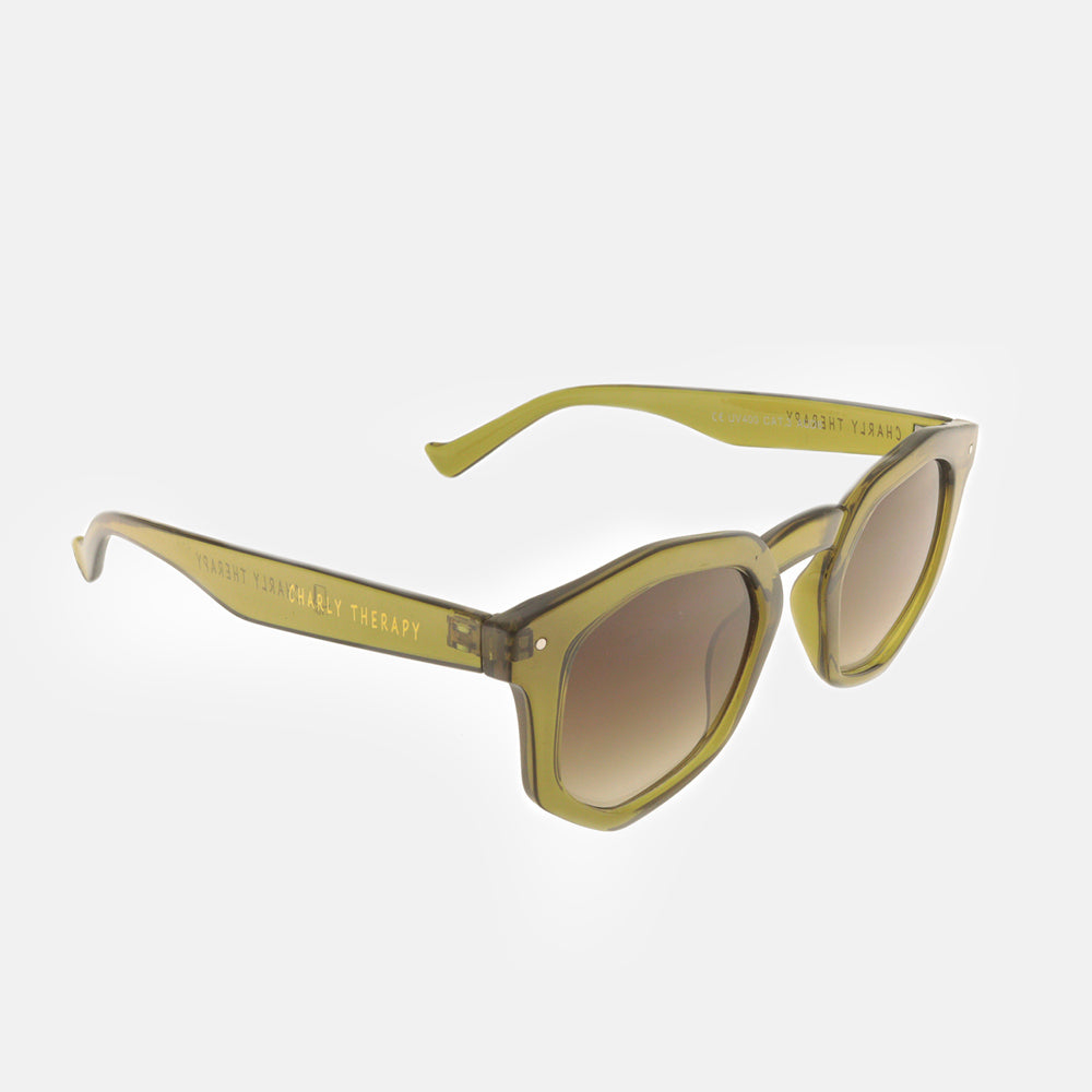 green Audrey hexagonal sunglasses with brown uv protective lenses