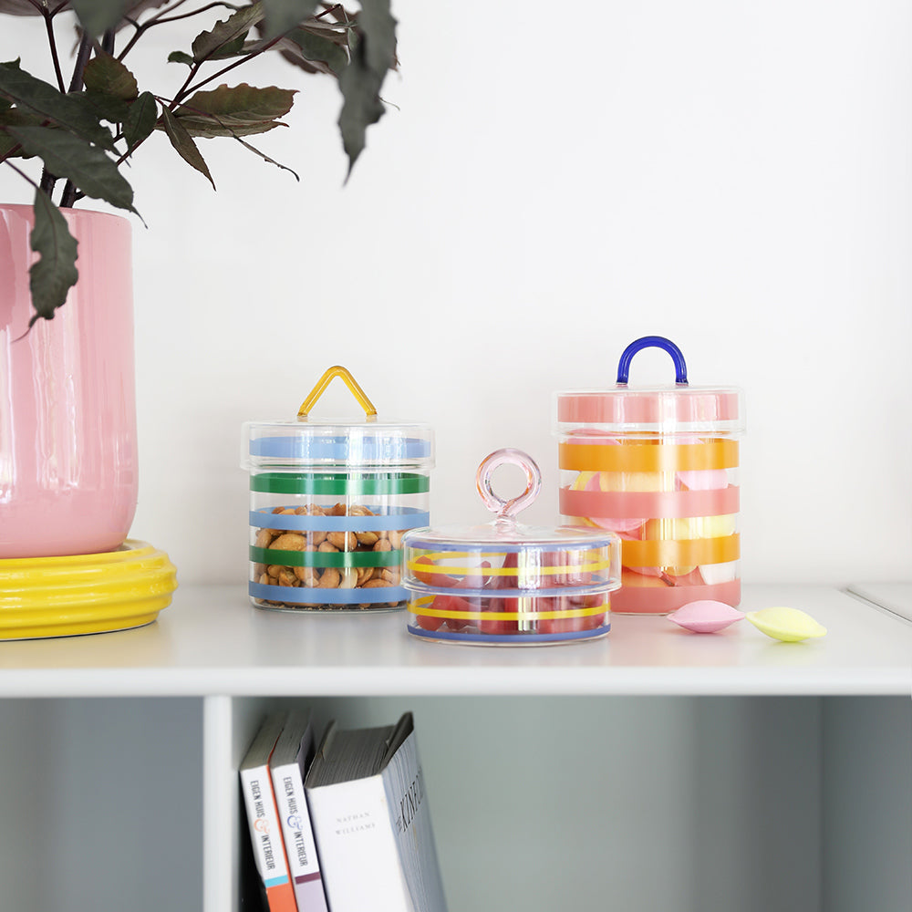striped glass storage jars, made by &K Amsterdam