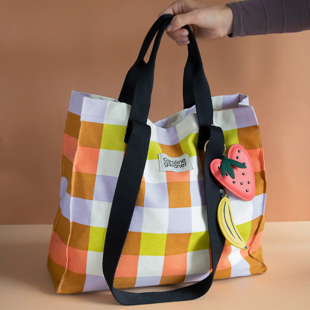 large cotton canvas tote or shopper bag in multi coloured check print with grab and shoulder straps