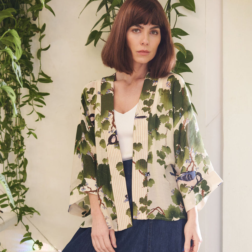 women's green acer print short kimono