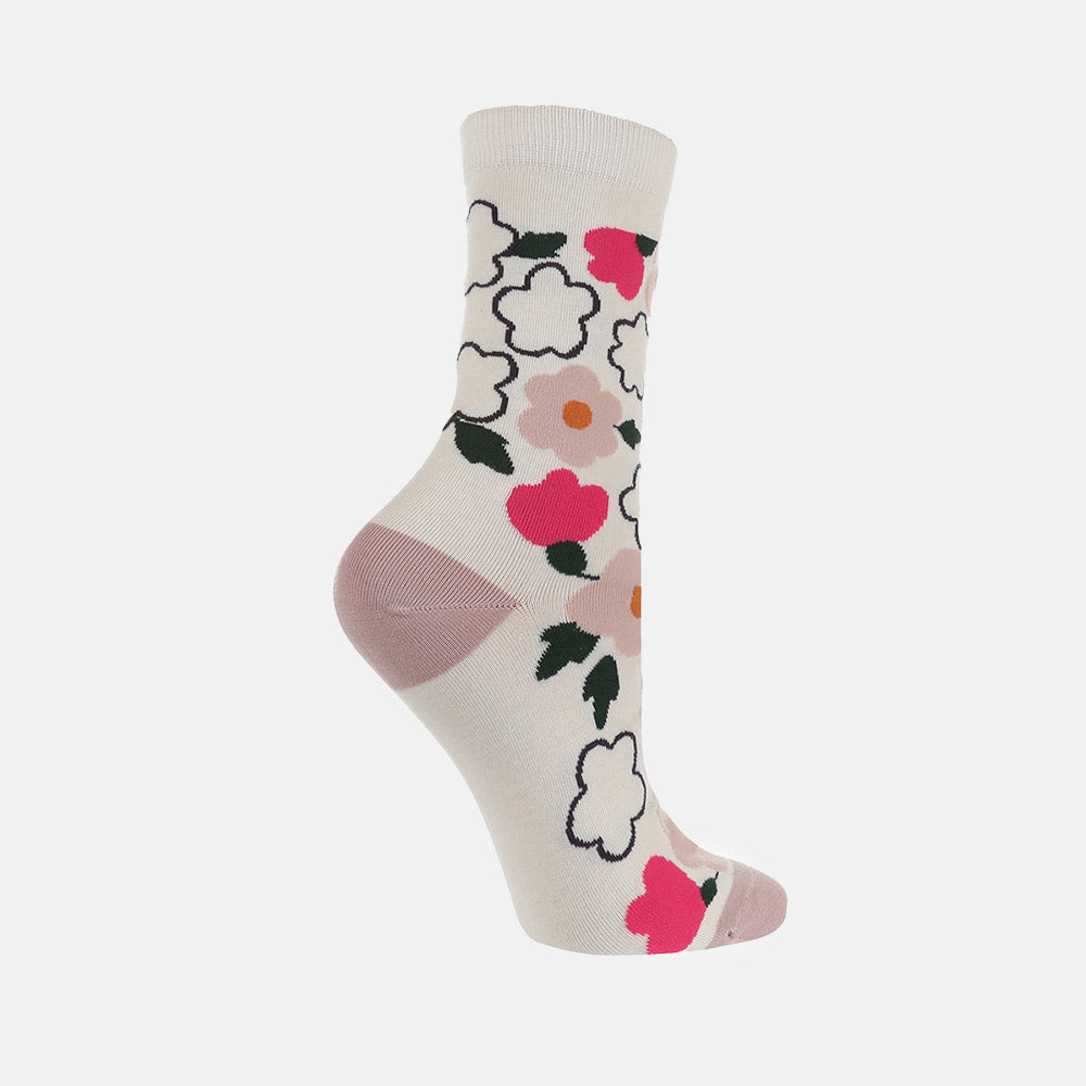 cream & pink floral print cotton & bamboo socks