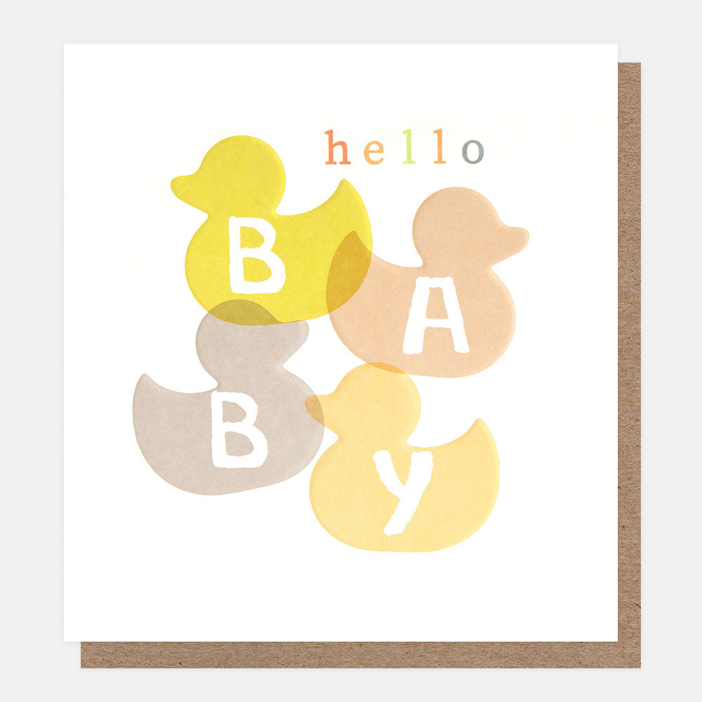 greeting card featuring rubber ducks silouettes in pastel tones and 'hello baby' message 