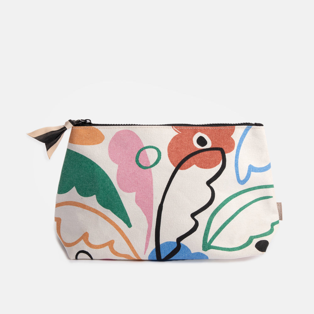 coated cotton beauty clutch bag in colourful abstract botanical design, with zip closure and grosgrain zip pull