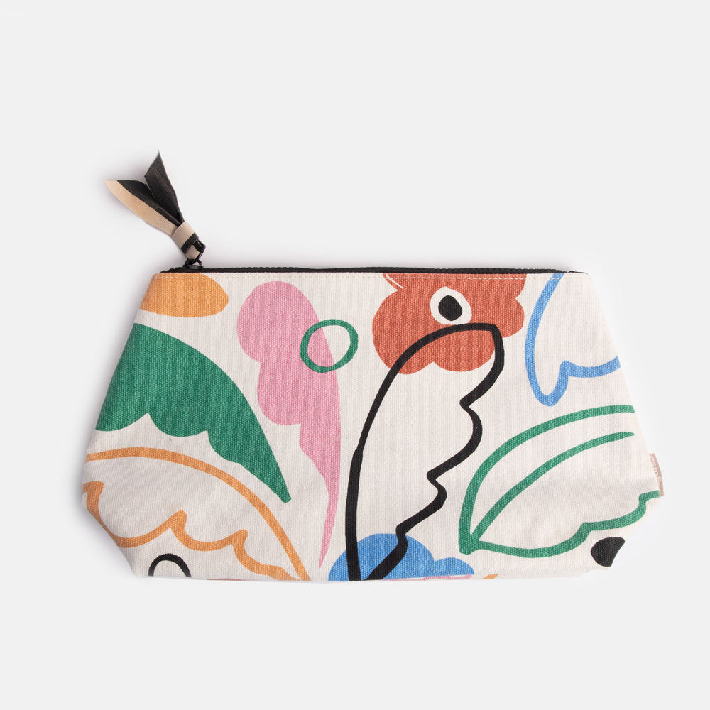 coated cotton beauty clutch bag in colourful abstract botanical design, with zip closure and grosgrain zip pull