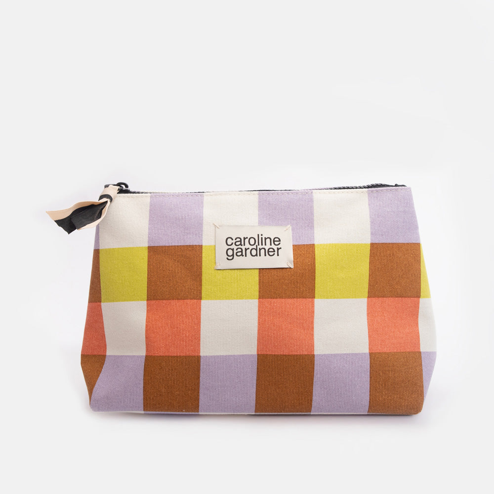 cotton canvas clutch beauty bag in colourful orange, lilac, yellow & brown check design