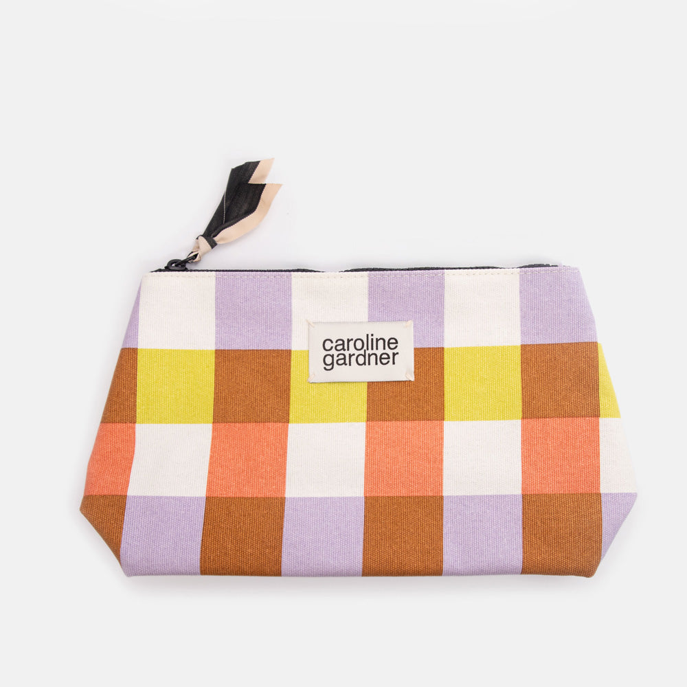 cotton canvas clutch beauty bag in colourful orange, lilac, yellow & brown check design