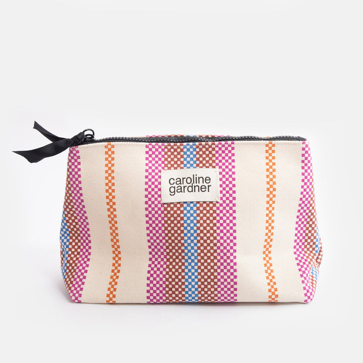 cotton canvas clutch beauty bag in colourful checkerboard stripe design 