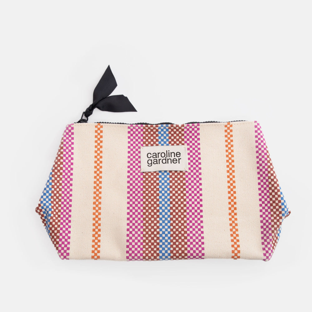 cotton canvas clutch beauty bag in colourful checkerboard stripe design 