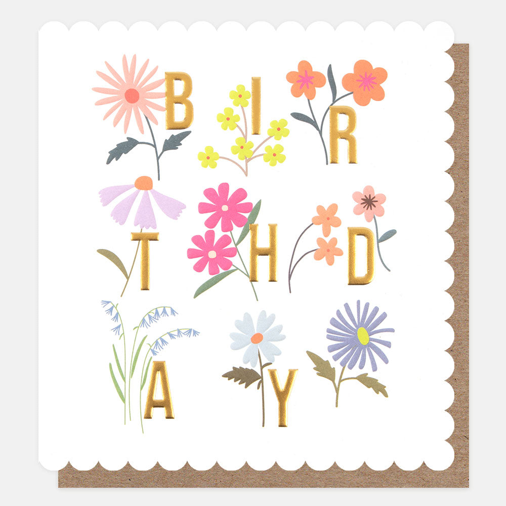 colourful flowers & gold foil letters birthday card
