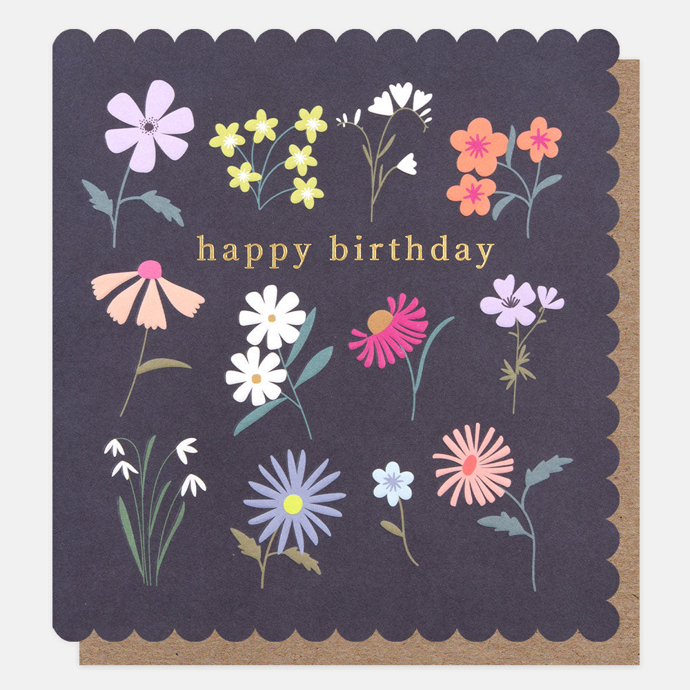 colourful flowers on navy happy birthday card