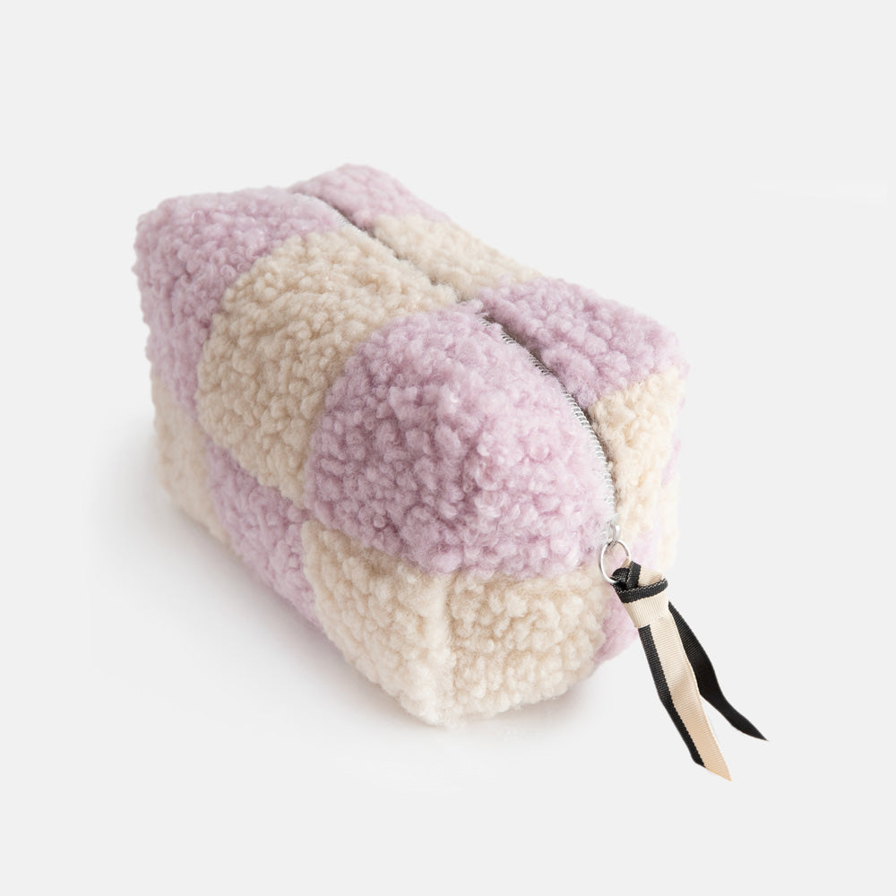 cube cosmetic bag in lilac and cream borg with silver zip and monochrome grosgrain pull