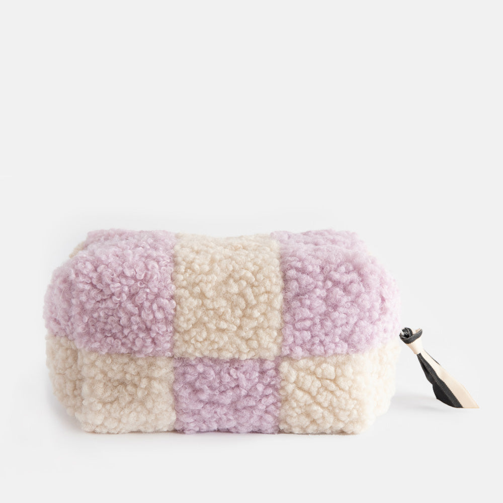cube cosmetic bag in lilac and cream borg with silver zip and monochrome grosgrain pull