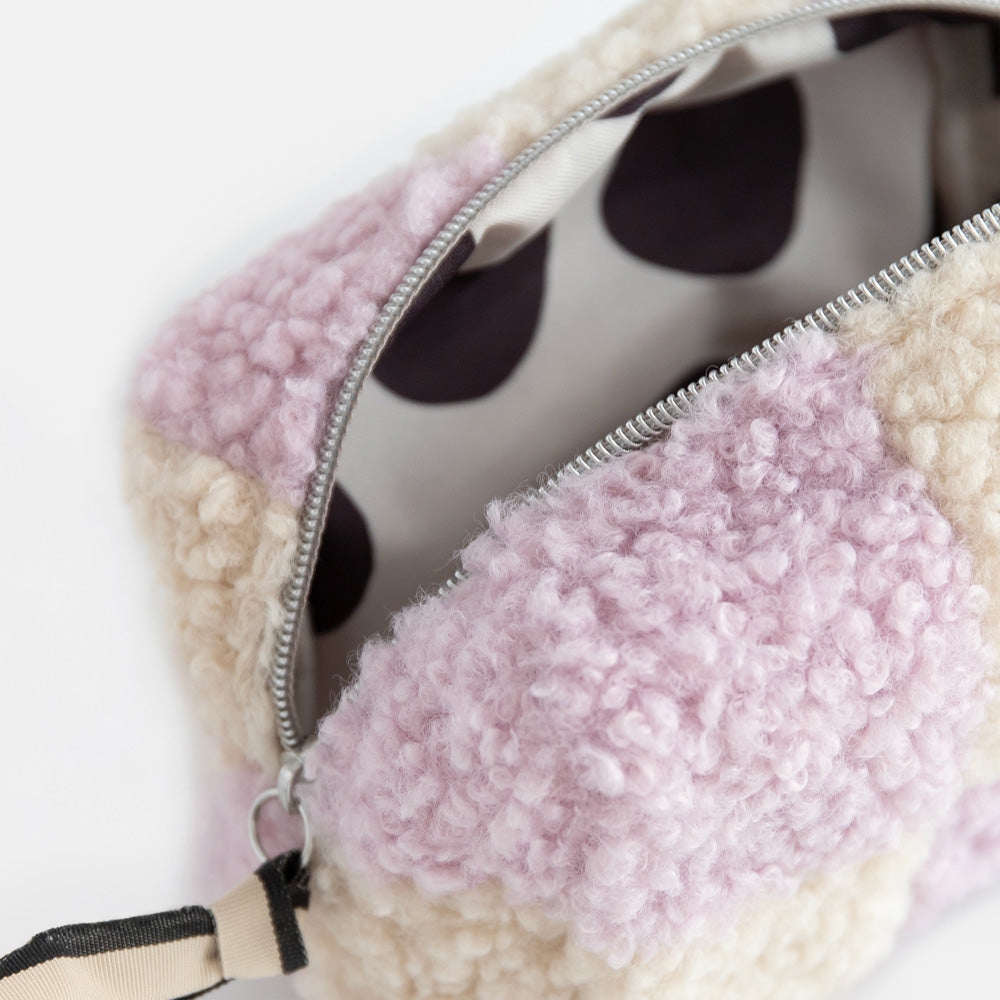 cube cosmetic bag in lilac and cream borg with silver zip, monochrome grosgrain pull and spot print lining
