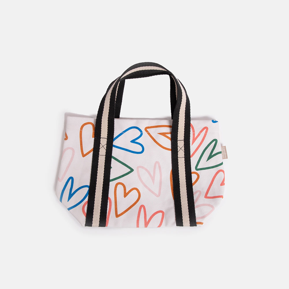 cotton canvas multi coloured outline hearts print small tote lunch bag