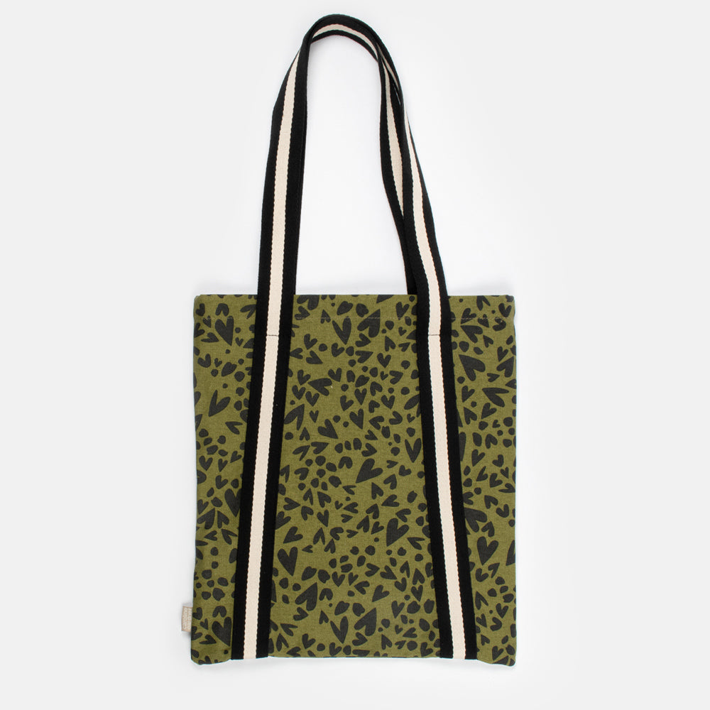 khaki and black hearts print cotton canvas tote bag with black and white contrast webbing straps