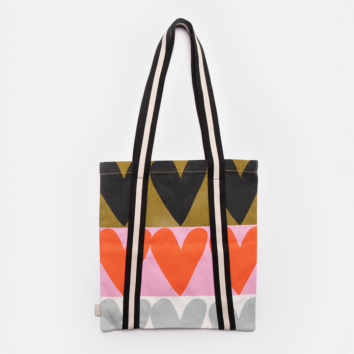 hand printed colourful hearts design cotton canvas tote bag with black & white stripe webbing straps