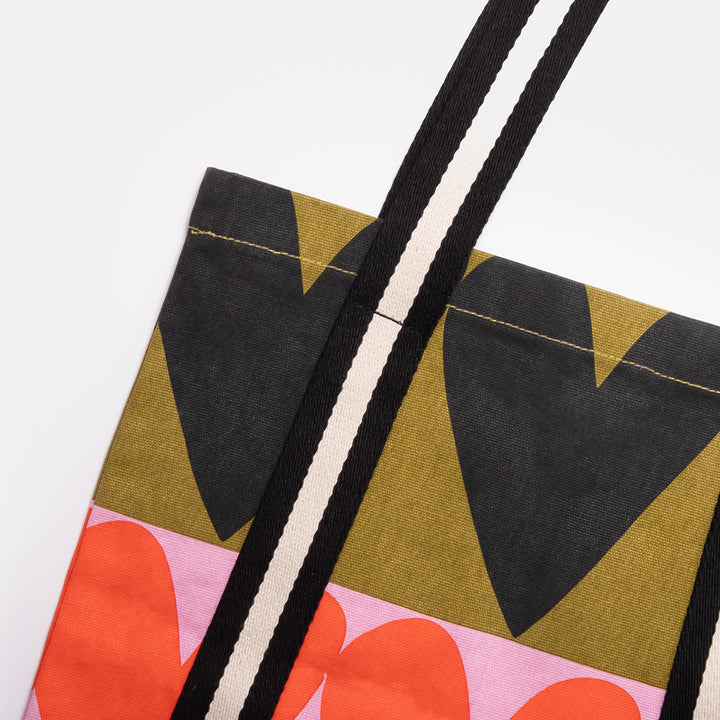 hand printed colourful hearts design cotton canvas tote bag with black & white stripe webbing straps