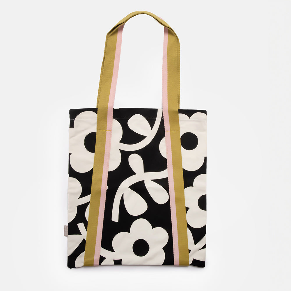 monochrome floral cotton canvas tote bag with khaki & pink stripe webbing strap