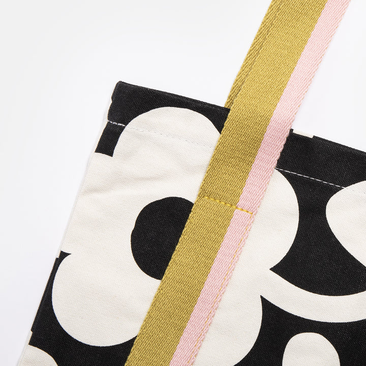 monochrome floral cotton canvas tote bag with khaki & pink stripe webbing strap