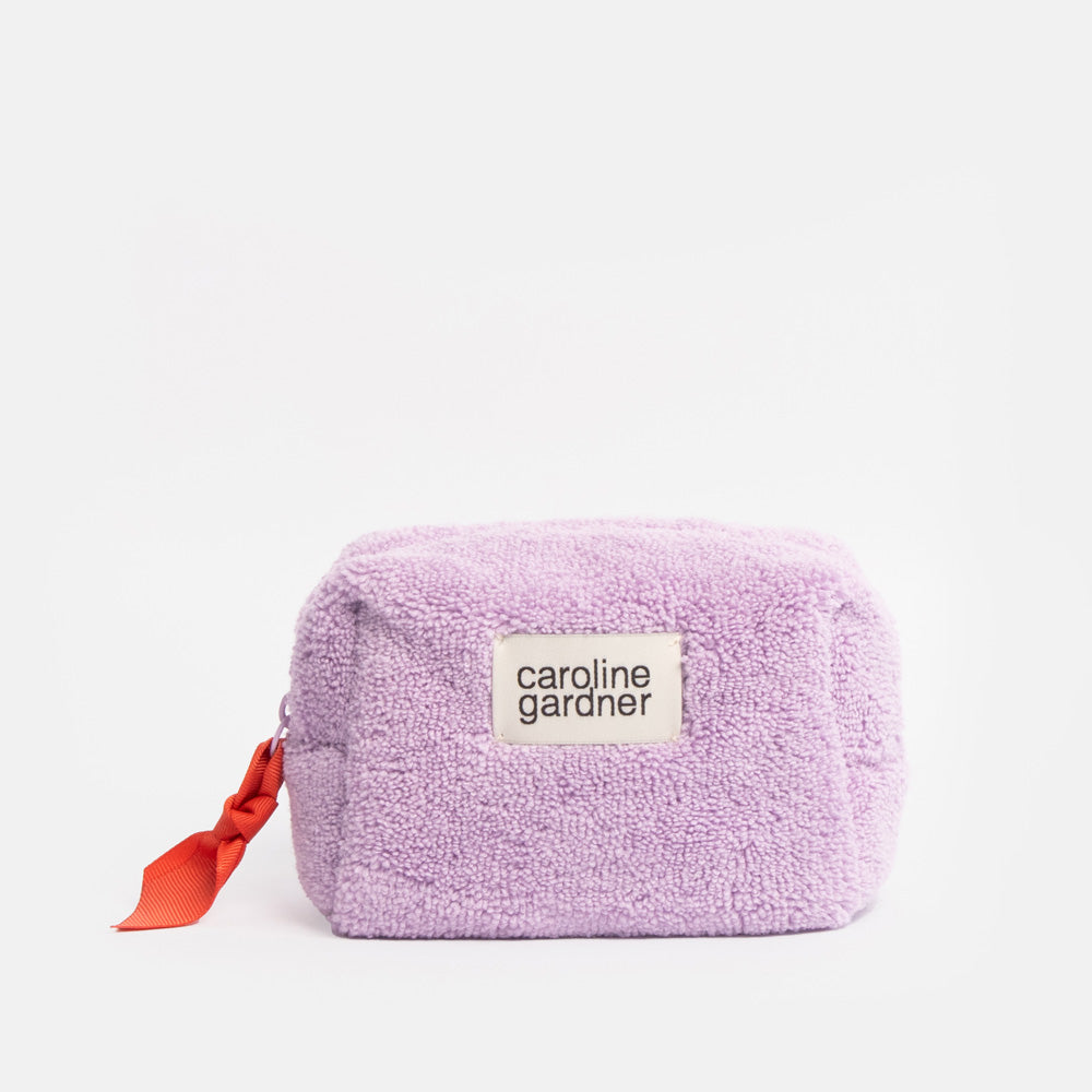 lilac borg mini cube cosmetics bag with orange grosgrain zip pull and caroline gardner branded tab