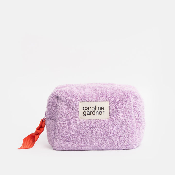 lilac borg mini cube cosmetics bag with orange grosgrain zip pull and caroline gardner branded tab