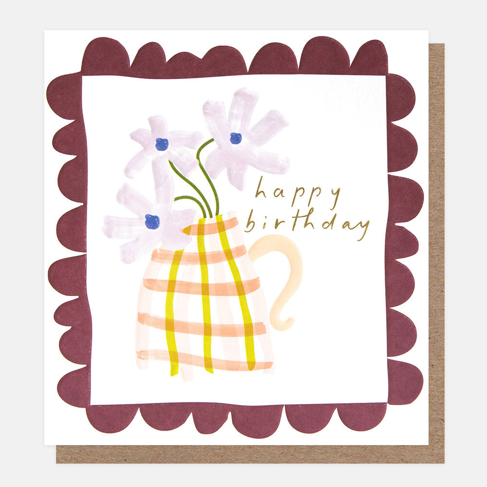 birthday card featuring lilac flowers in a vase and 'happy birthday' message in a burgundy scalloped border