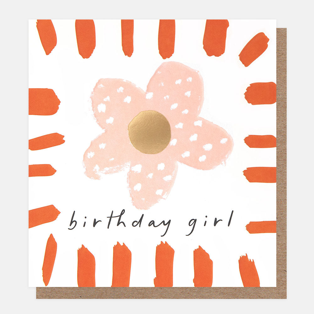 birthday card featuring a pink flower and 'birthday girl' message in an orange brushstrokes border