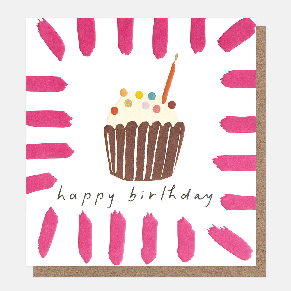 birthday card featuring a cupcake with sprinkles and 'happy birthday' message in a pink brushstrokes border
