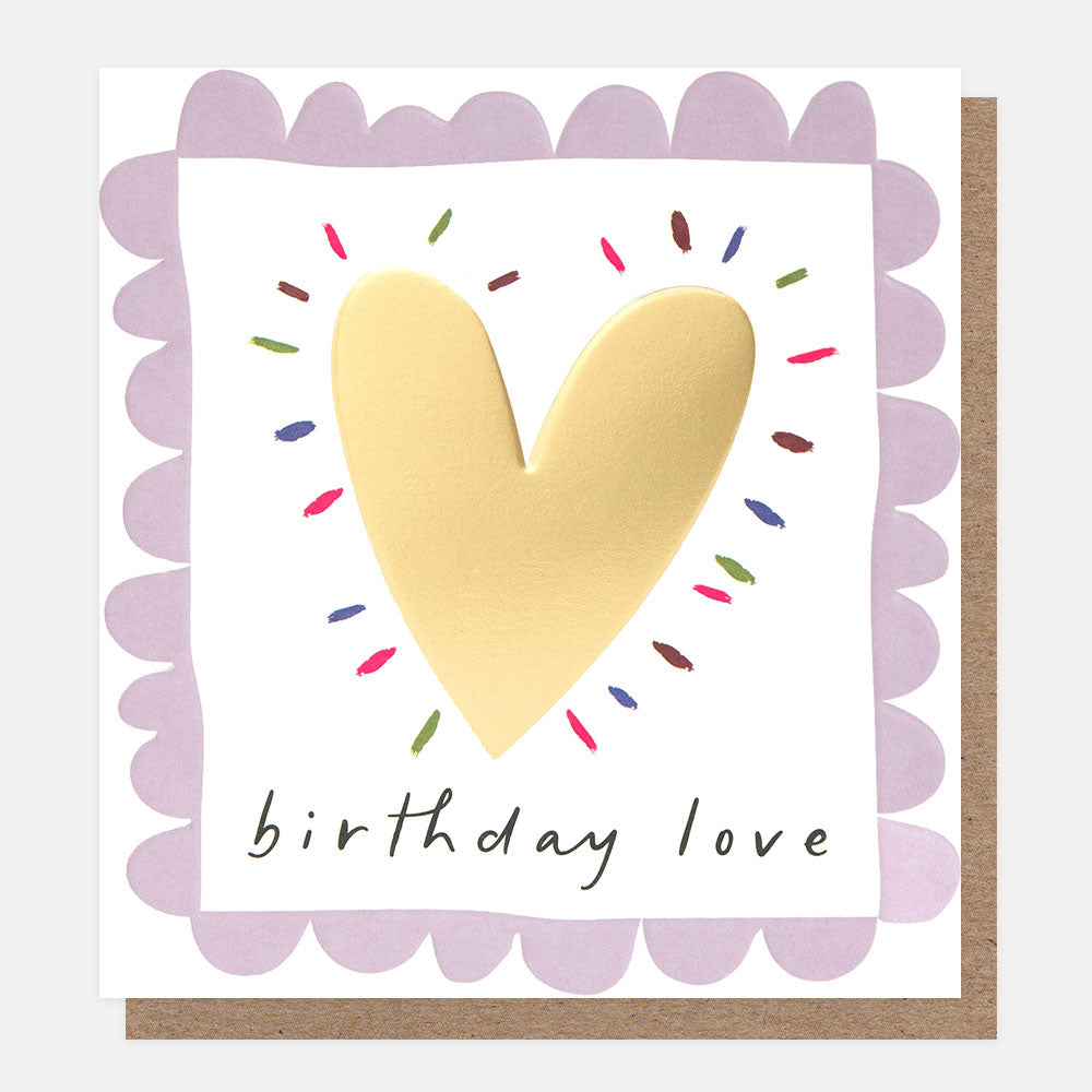 birthday card featuring a gold heart and 'birthday love' message in a scalloped lilac border