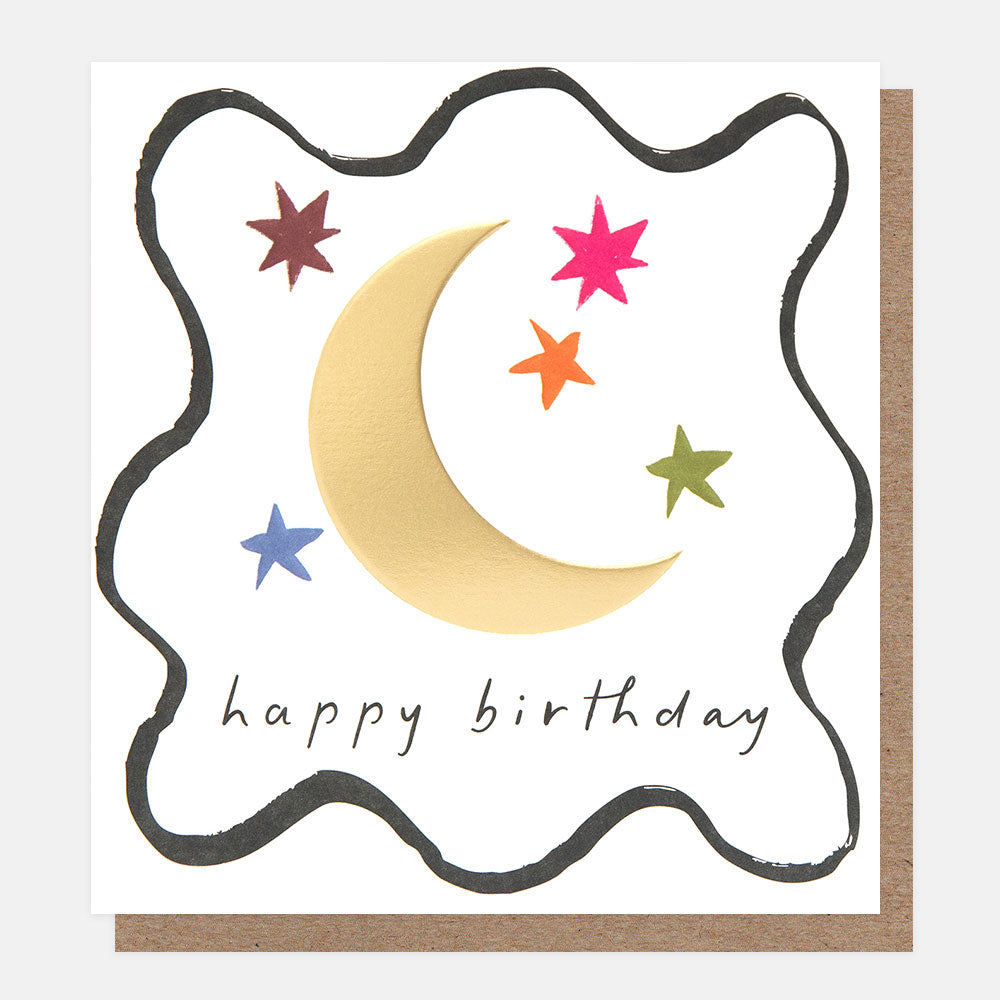 birthday card featuring a gold moon, colourful stars and 'happy birthday' message in a wavy black border
