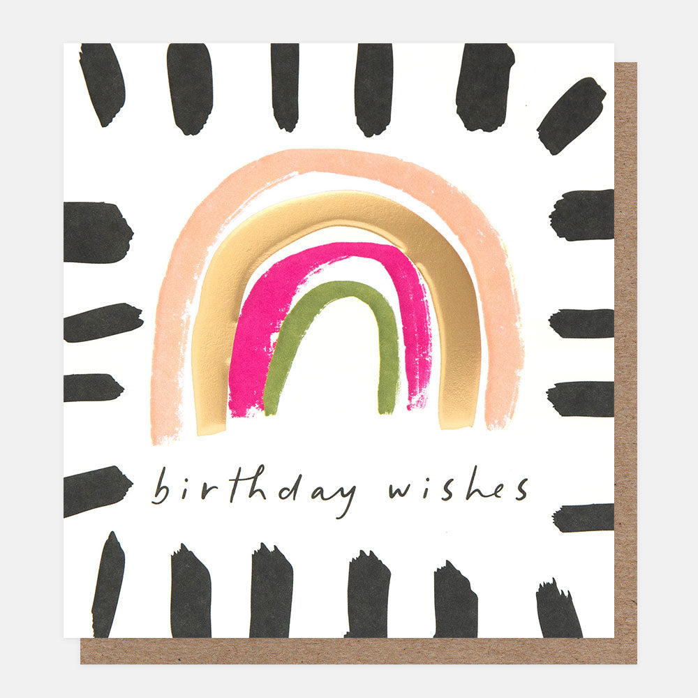 birthday card featuring a rainbow and 'birthday wishes' message in a black brushstrokes border