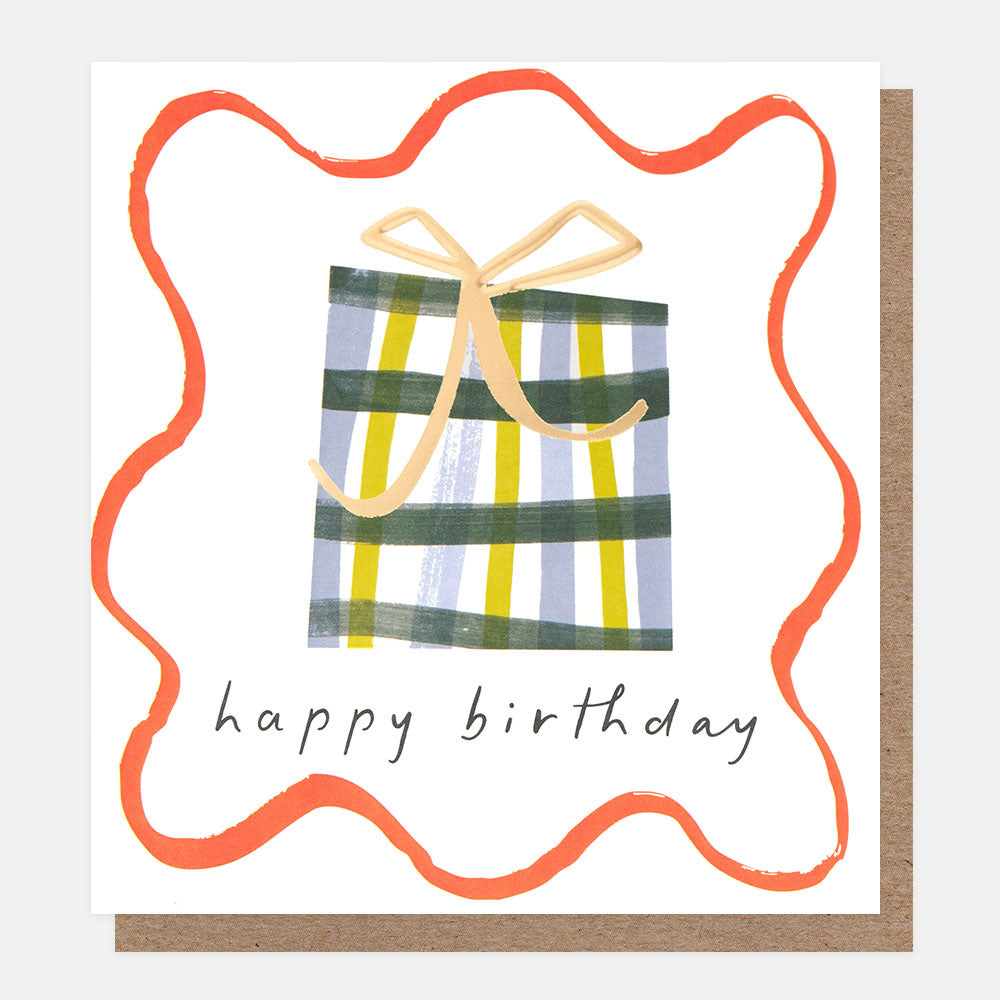 birthday card featuring a check pattern wrapped present and 'happy birthday' message in a wavy red border