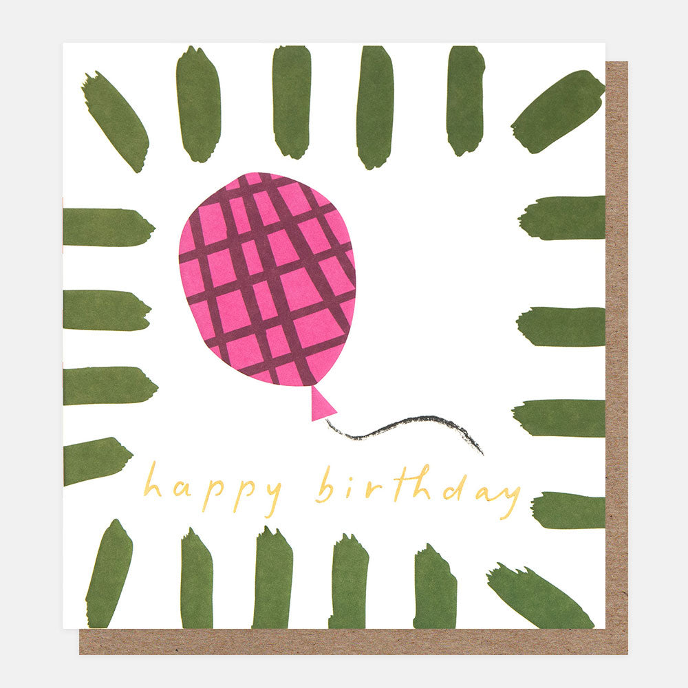 birthday card featuring a pink checked balloon and 'happy birthday' message in a green brushstrokes border